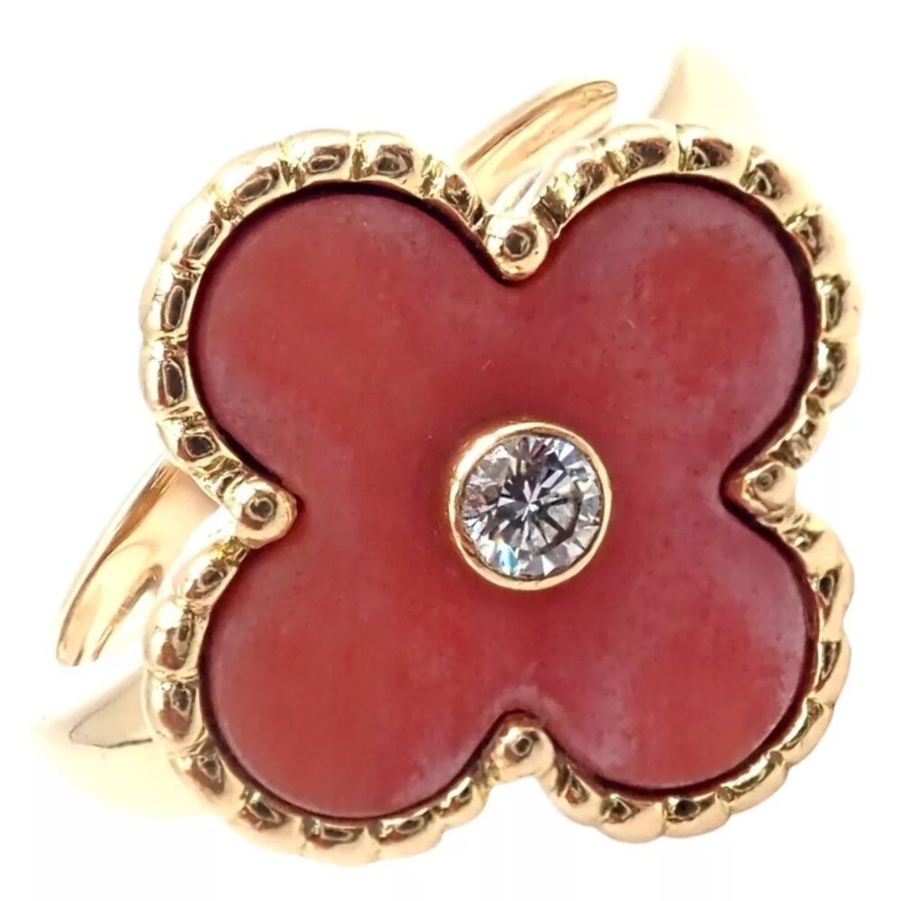 Authentic! Van Cleef & Arpels Alhambra 18k Yellow Gold Coral Diamond Ring PaperA